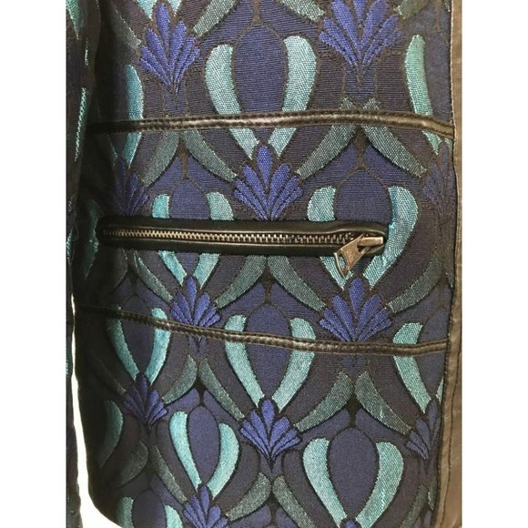 CLUB MONACO Moto Jacket Size 2 Lambskin Leather Detail Blue Jacquard Brocade - Picture 3 of 10